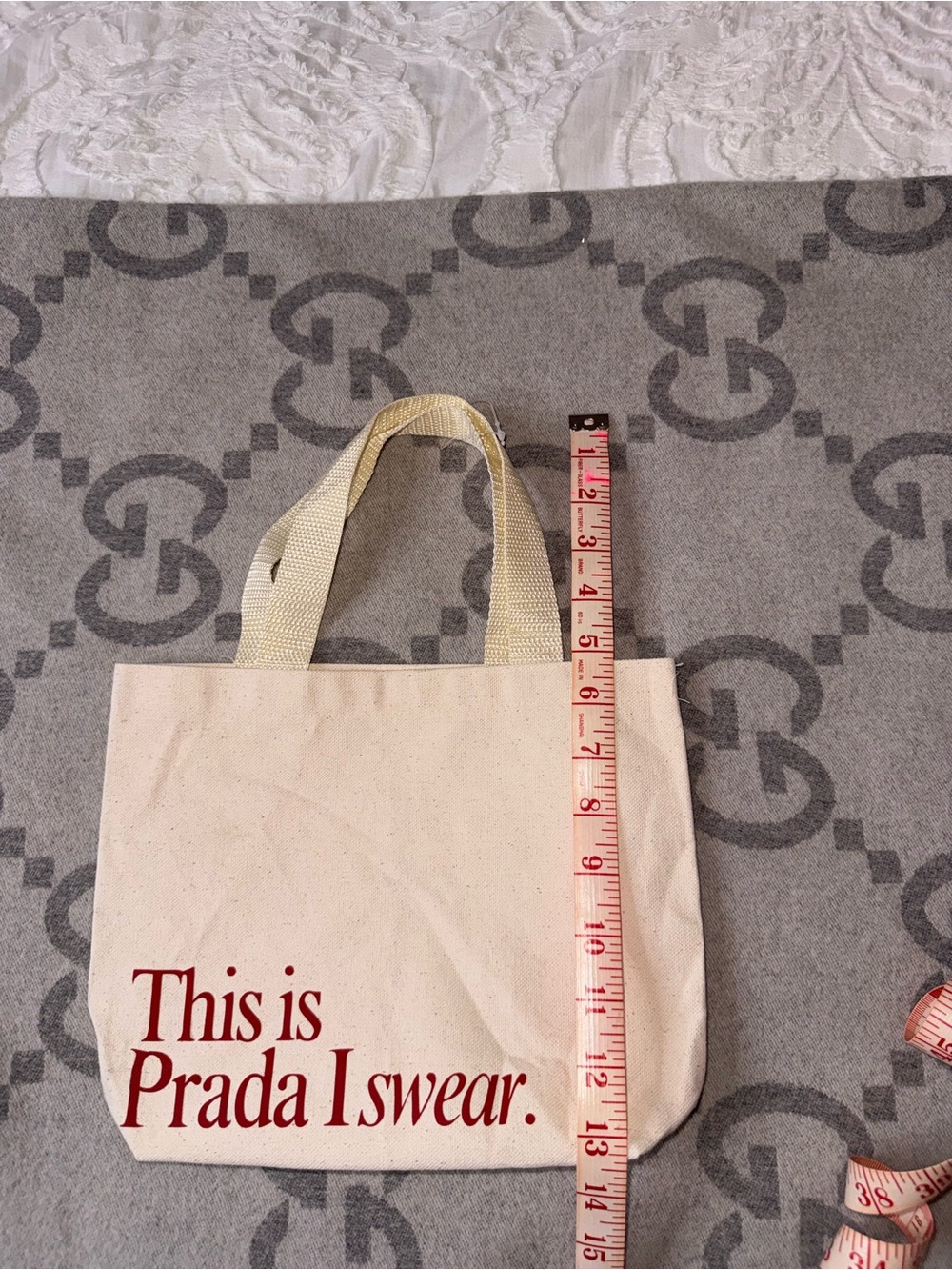NWOT Beige Small Canvas Tote with Red Script - Picture 5 of 8